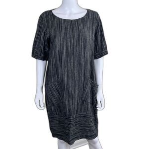 Lisa Bayne Women's Size S Black Stripe Woven Linen Shift Dress Lagenlook Artisan